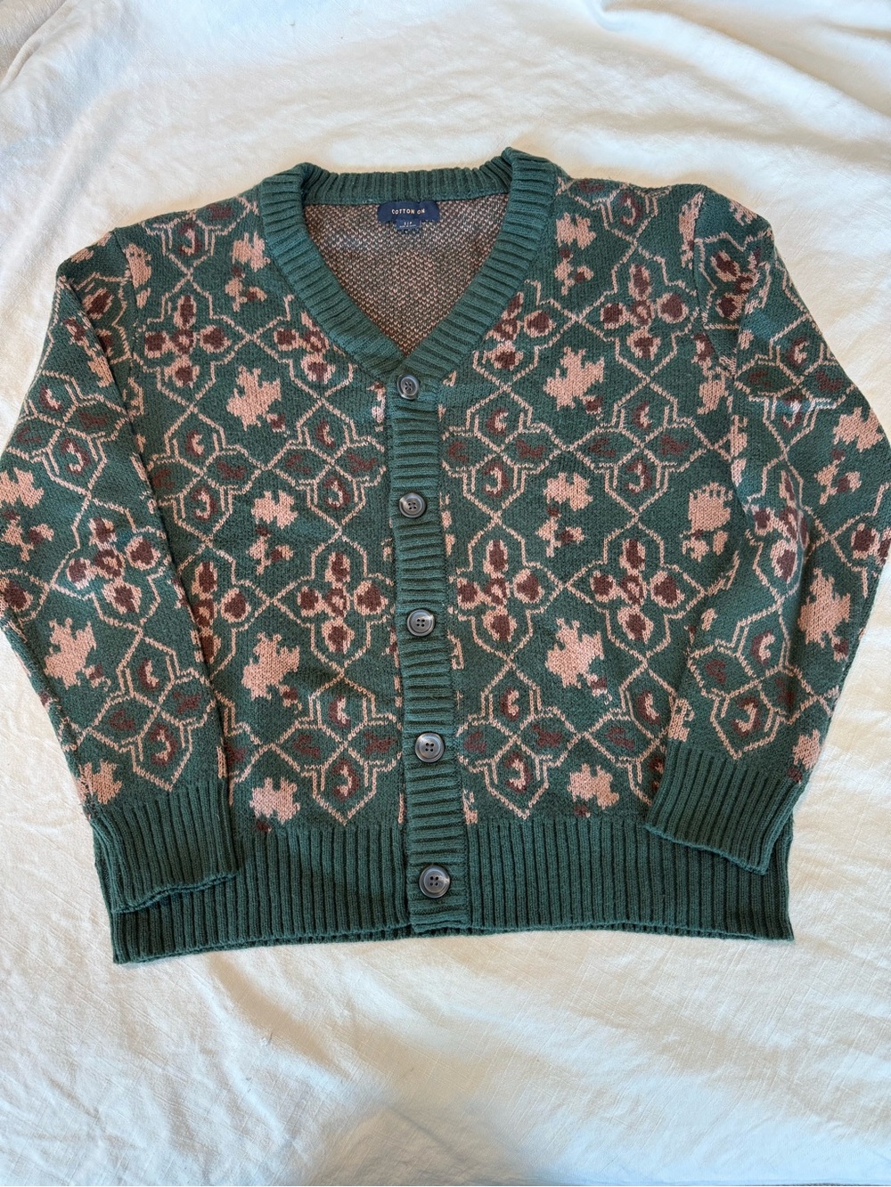 Cotton On Men’s S Green Floral Geometric Jacquard Cardigan Sweater
